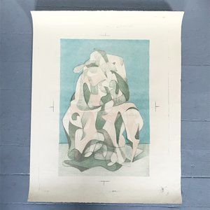 Blue Green Peach Figural Abstract Expressionist Silkscreen Print Art